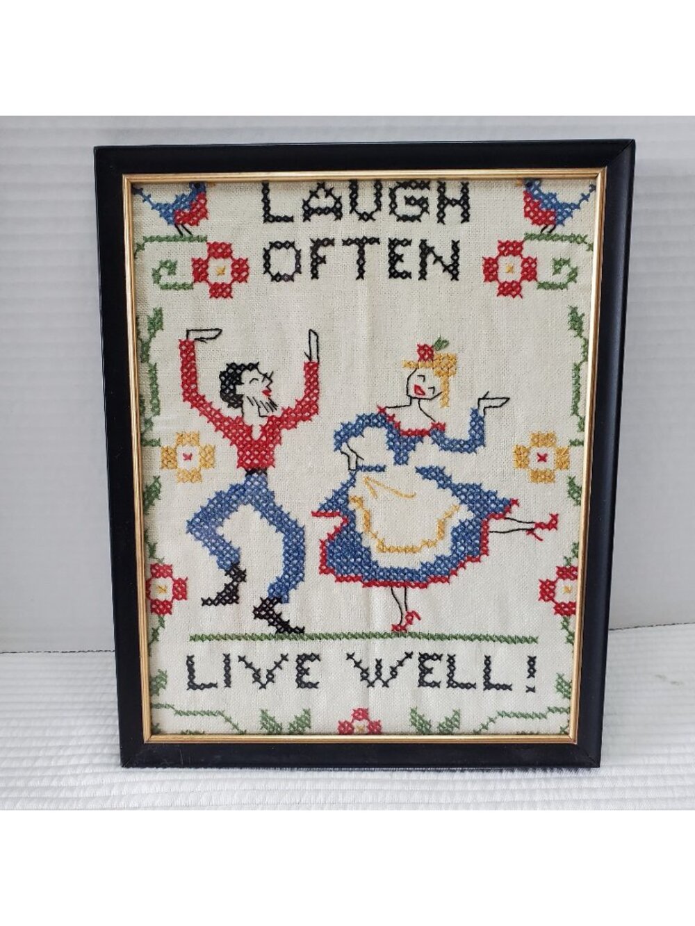 Laugh Often Live Well Cross Stitch Sampler 10x8 Framed Handmade Vintage Dutch
